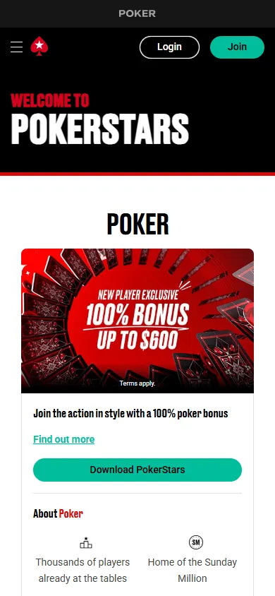 PokerStars Casino mobile home interface for casino and poker play