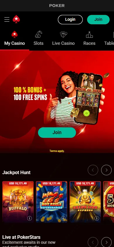 PokerStars Casino mobile games interface with casino and poker options