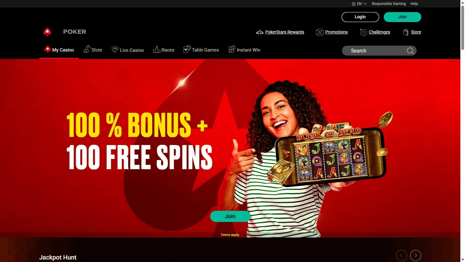 PokerStars Casino desktop games interface with casino and poker selections