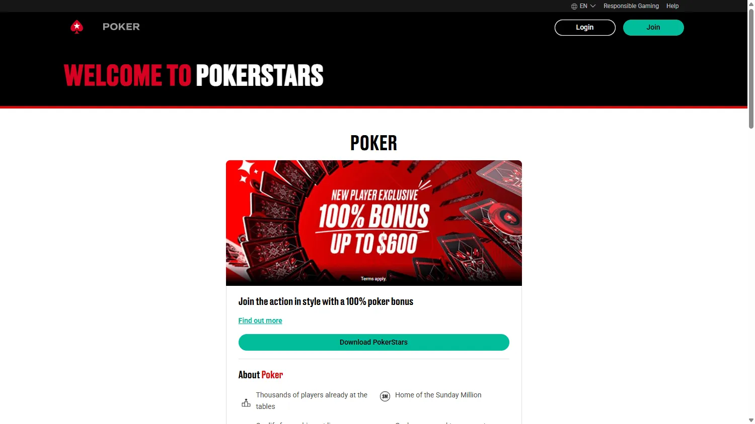 PokerStars Casino desktop home interface with casino and poker options
